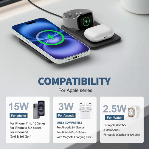 15W Magnetic 3 in 1 Wireless Charger Station Foldable Fast Charging  Type-C For iPhone 17 16 15 14 Xiaomi SAMSUNG iWatch AirPods